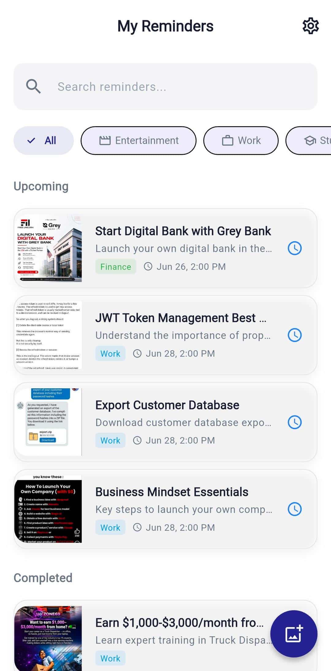 RemindShot app showing the My Reminders screen with searchable screenshot reminders