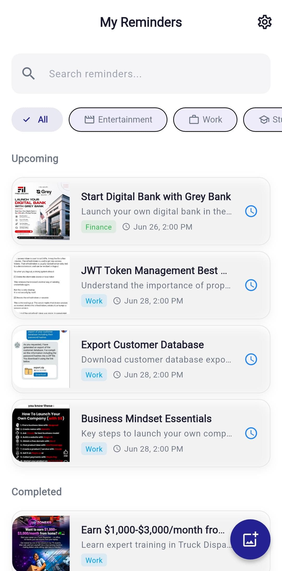RemindShot Android app showing organized screenshot reminders with search and categories
